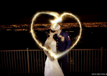 A newly married couple with sparklers making the shape of a heart.