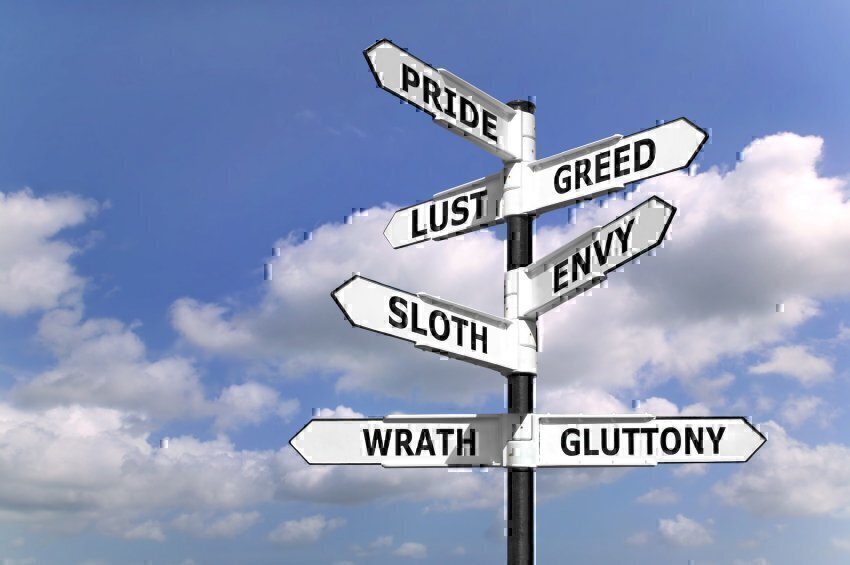 Concept image of a signpost with the seven deadly sins upon the arrows.