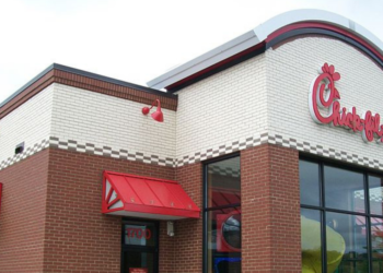 The front entrance of a Chic-Fil-A charge.