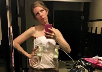 Jennifer Barhill pumping breastmilk, in the restroom while attending a formal event.