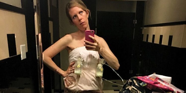 Jennifer Barhill pumping breastmilk, in the restroom while attending a formal event.