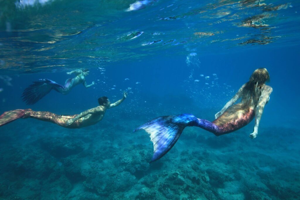 Three mermaids swimming just below the surface of the water.