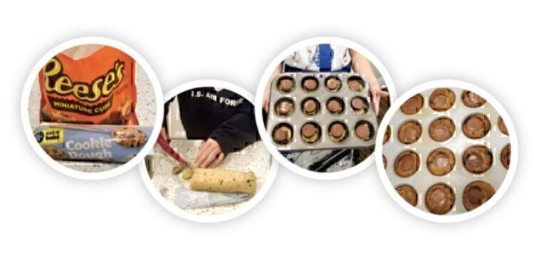 Four circles that show the process of making Reese's Cookies.